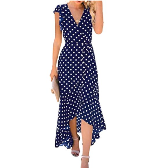 Grecerelle Women's Large Navy & White Polka Dot Surplice Long Flowing Maxi Dress - Picture 9 of 15